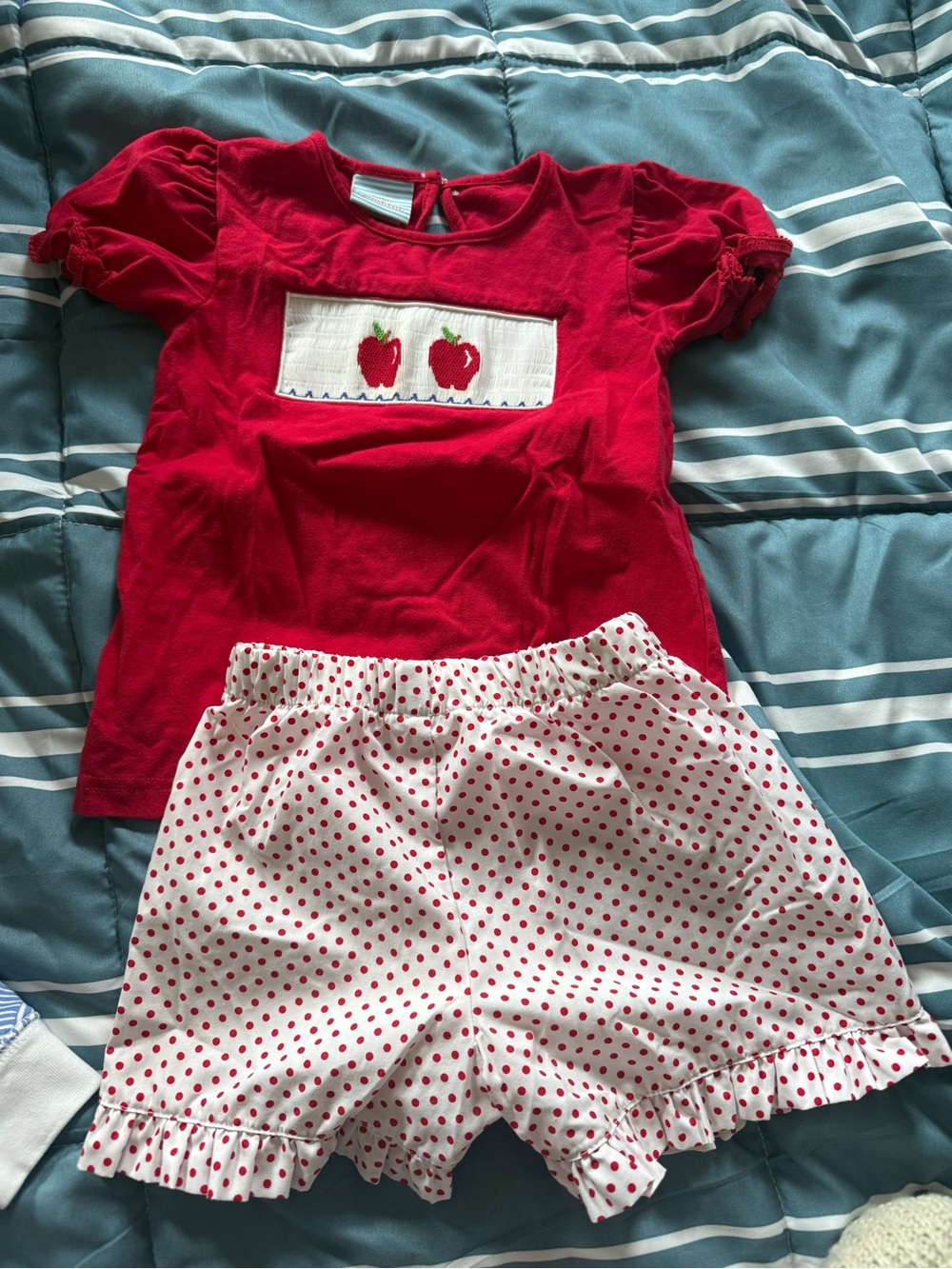 Girls Red Apple Smocked Top & Polka Dot Shorts Matching Set
